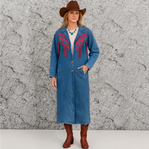 pioneer wear Jackets & Blazers - VINTAGE PIONEER WEAR Denim southwestern fringed duster jacket|14